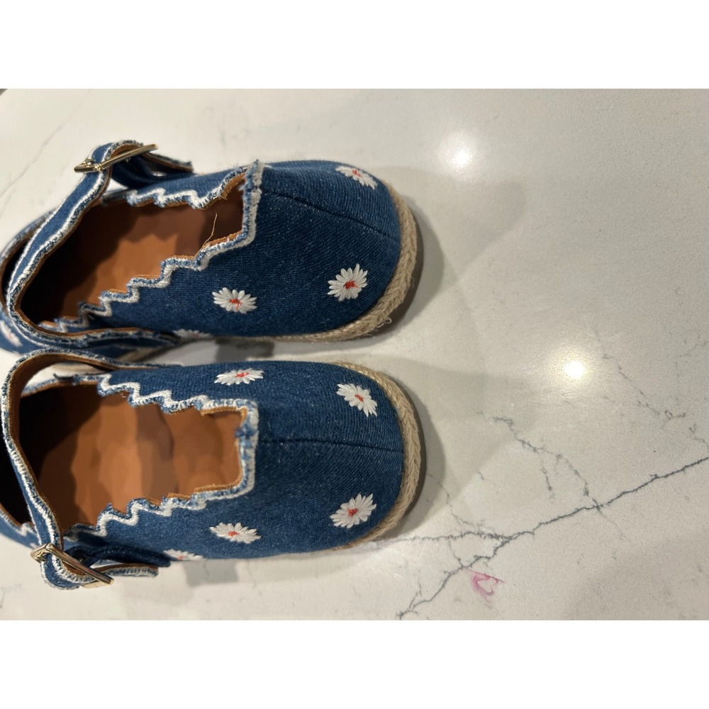 Maeve Mary Jane Flats Blue Denim Daisy Embroidered Scalloped Espadrille Shoes - Picture 4 of 6